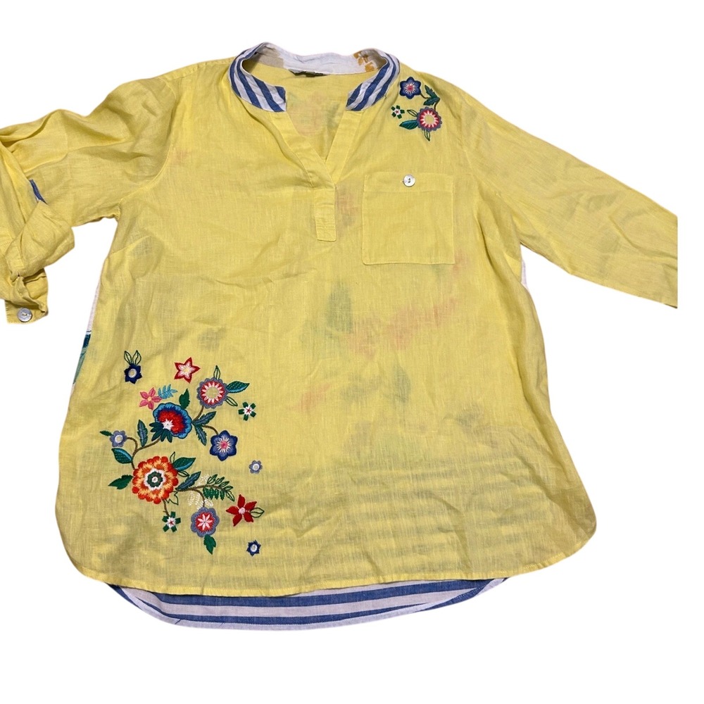 John Mark Large linen mixed media linen embroidered boho colorful tunic top
